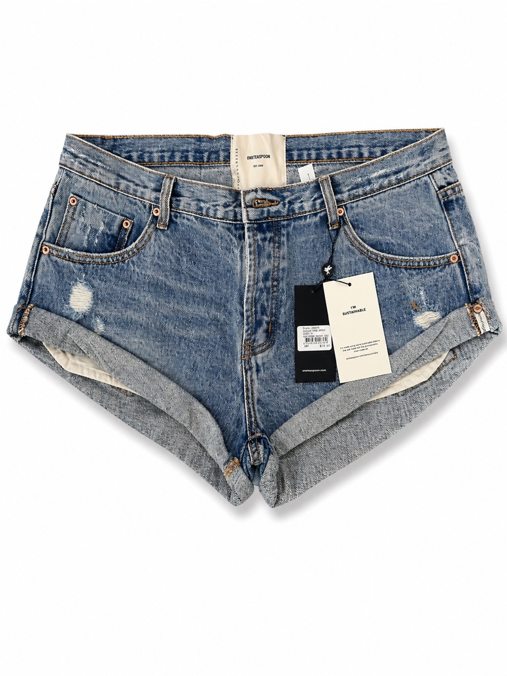 One Teaspoon Bandits Shorts Size 31 Button Fly Distressed Mid Wash Cuffed NWT - Picture 2 of 7